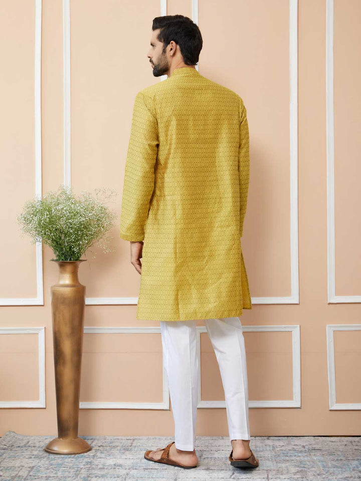 Yellow Ethnic Motifs Silk Jacquard Woven Design Straight Kurta with Pyjama