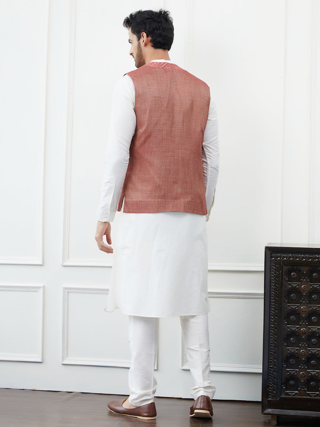 Pure Cotton Straight Kurta & Pyjama with Woven Jacquard Nehru Jacket