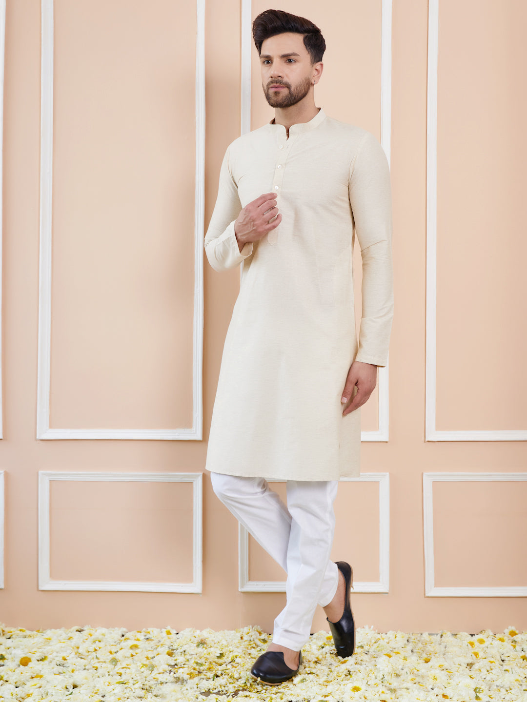 Ivory Cotton Solid Straight Kurta with Pyjama
