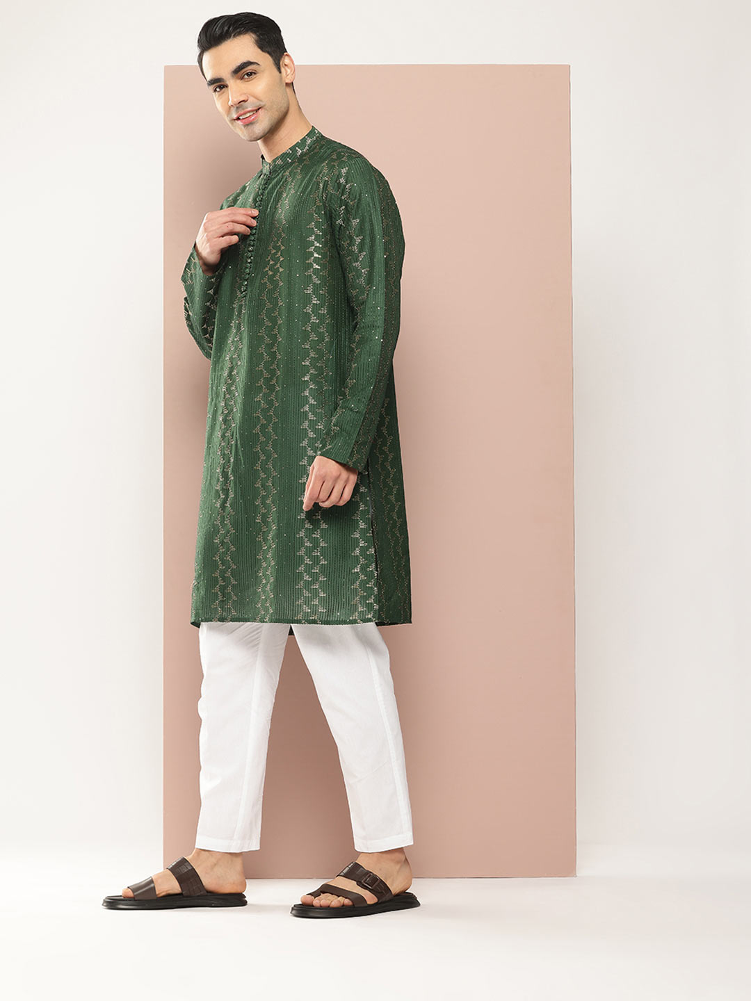 Men’s Green Chanderi Silk Kurta with Embroidery and Sequins, Paired with Pyjama
