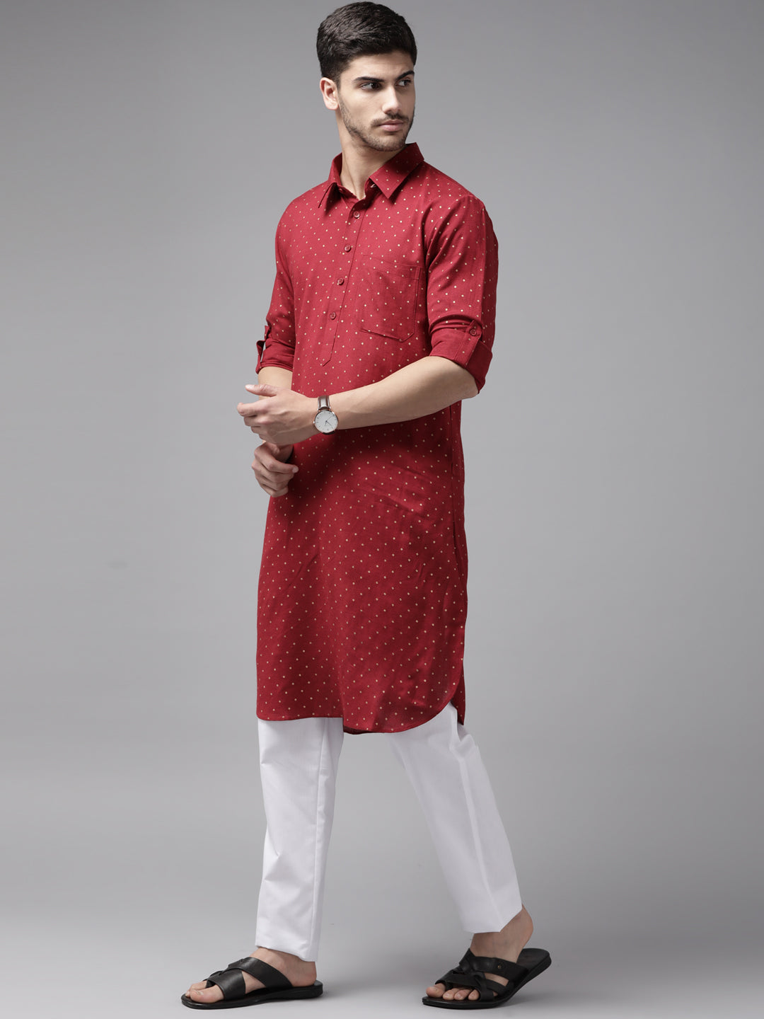 Men's Maroon Pure Cotton Pathani kurta with Pyjama