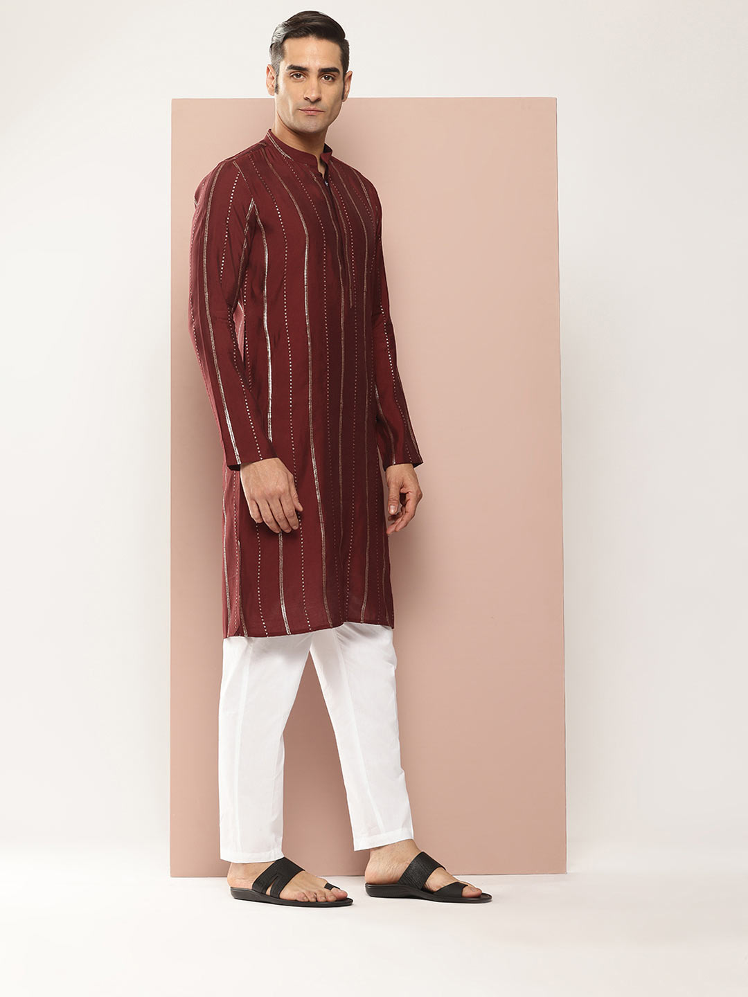 Men’s Maroon Chanderi Silk Kurta with Embroidery and Sequins, Paired with Pyjama