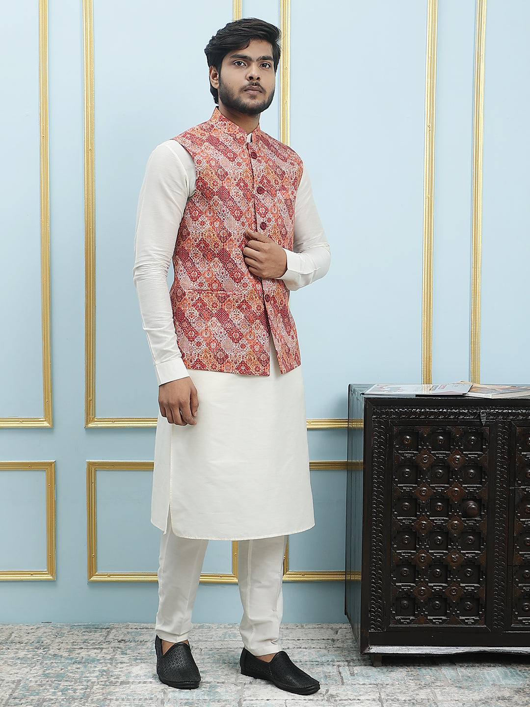 Pure Silk Straight Kurta & Pyjama Set with Printed Cotton Nehru Jacket