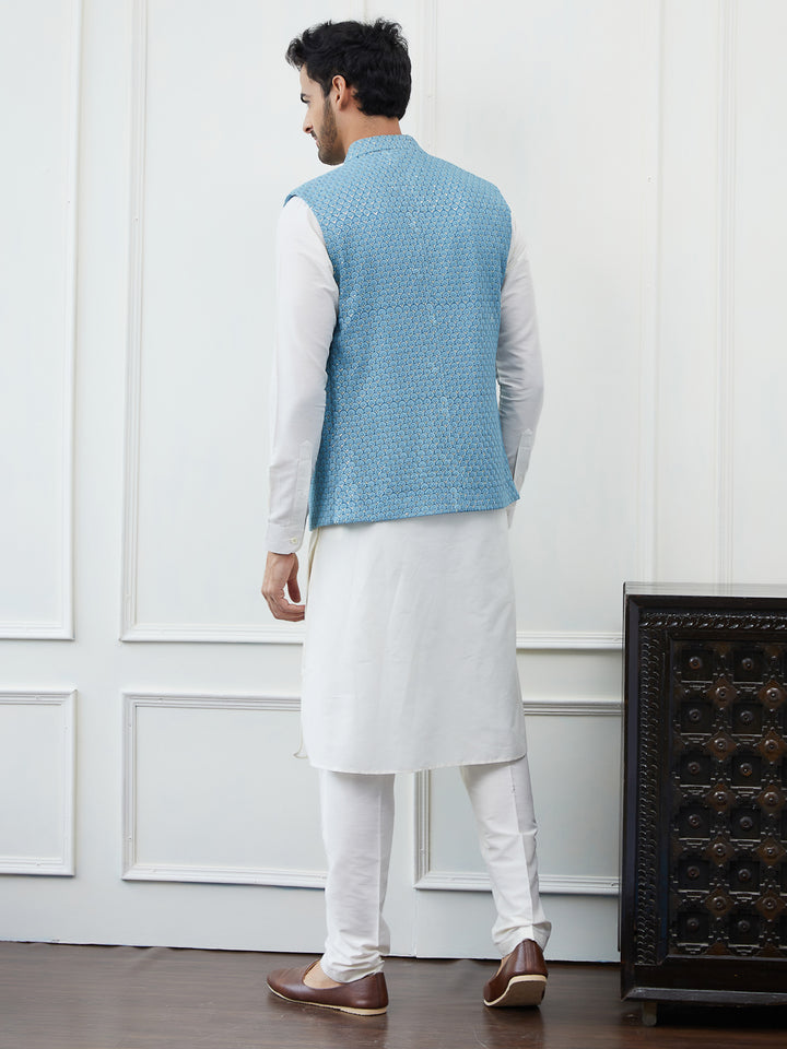 Pure Cotton Straight Kurta & Pyjama with Sequins Embroidered Nehru Jacket