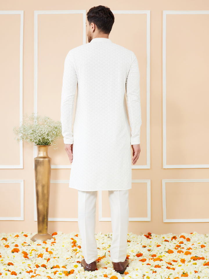 White Sequins Embroidered Rayon Kurta with Pyjama