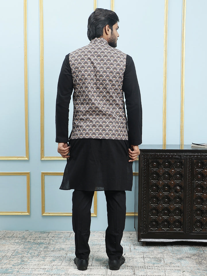 Pure Cotton Straight Kurta & Pyjama Set with Printed Cotton Nehru Jacket