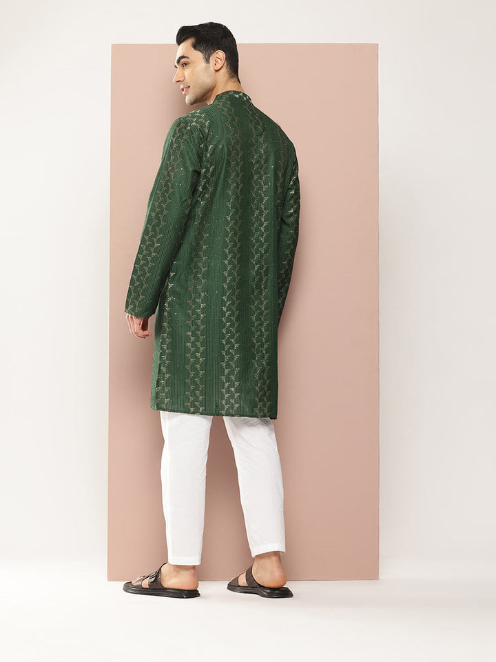 Men’s Green Chanderi Silk Kurta with Embroidery and Sequins, Paired with Pyjama