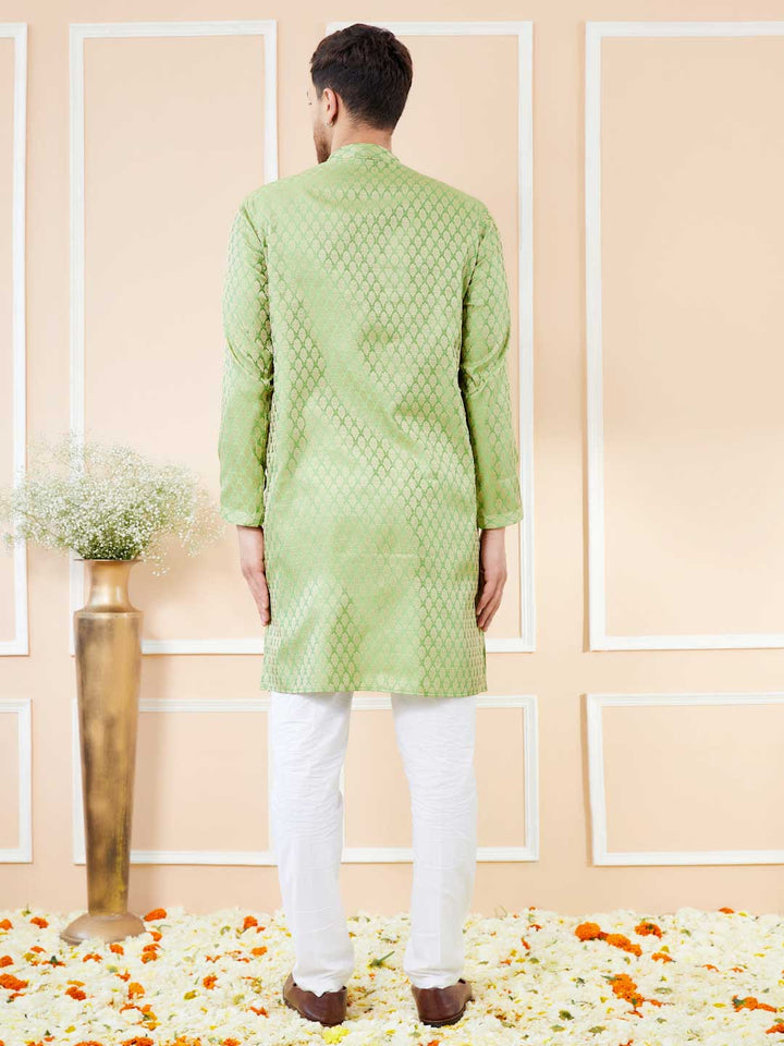 Green Ethnic Motifs Silk Jacquard Woven Design Straight Kurta with Pyjama
