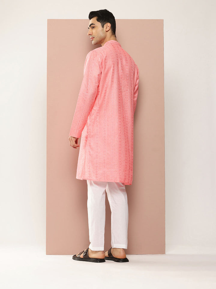 Men’s Pink Chanderi Silk Kurta with Embroidery and Sequins, Paired with Pyjama