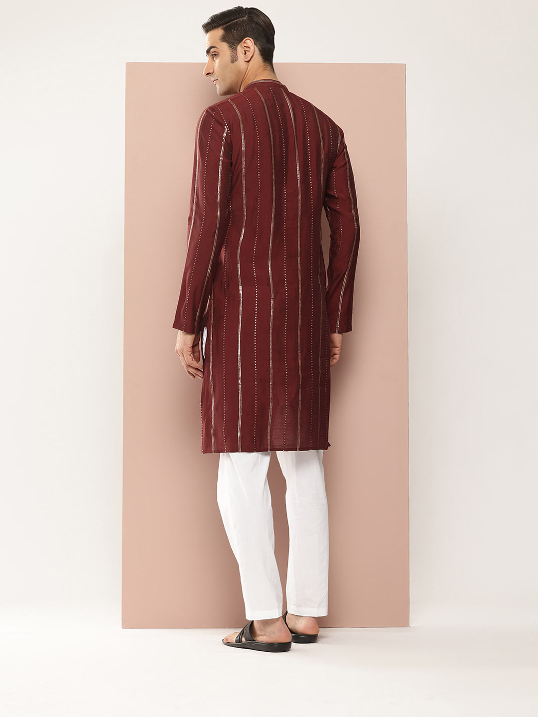 Men’s Maroon Chanderi Silk Kurta with Embroidery and Sequins, Paired with Pyjama