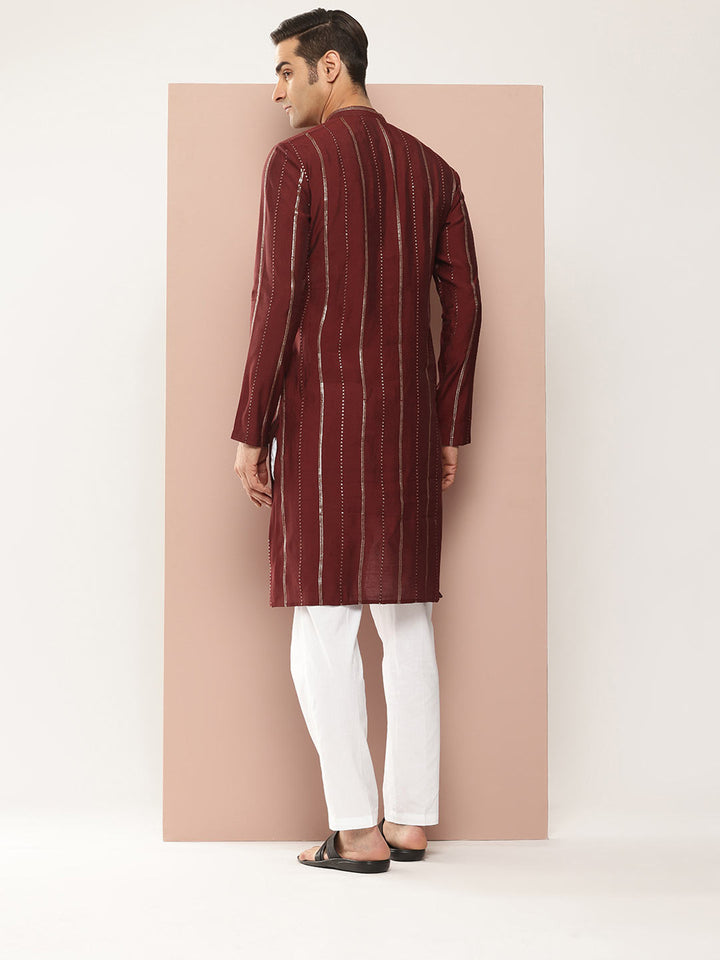 Men’s Maroon Chanderi Silk Kurta with Embroidery and Sequins, Paired with Pyjama