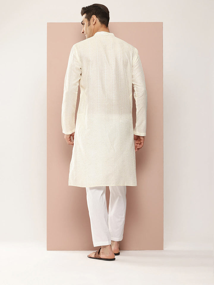 Men’s Off White Chanderi Silk Kurta with Embroidery and Sequins, Paired with Pyjama