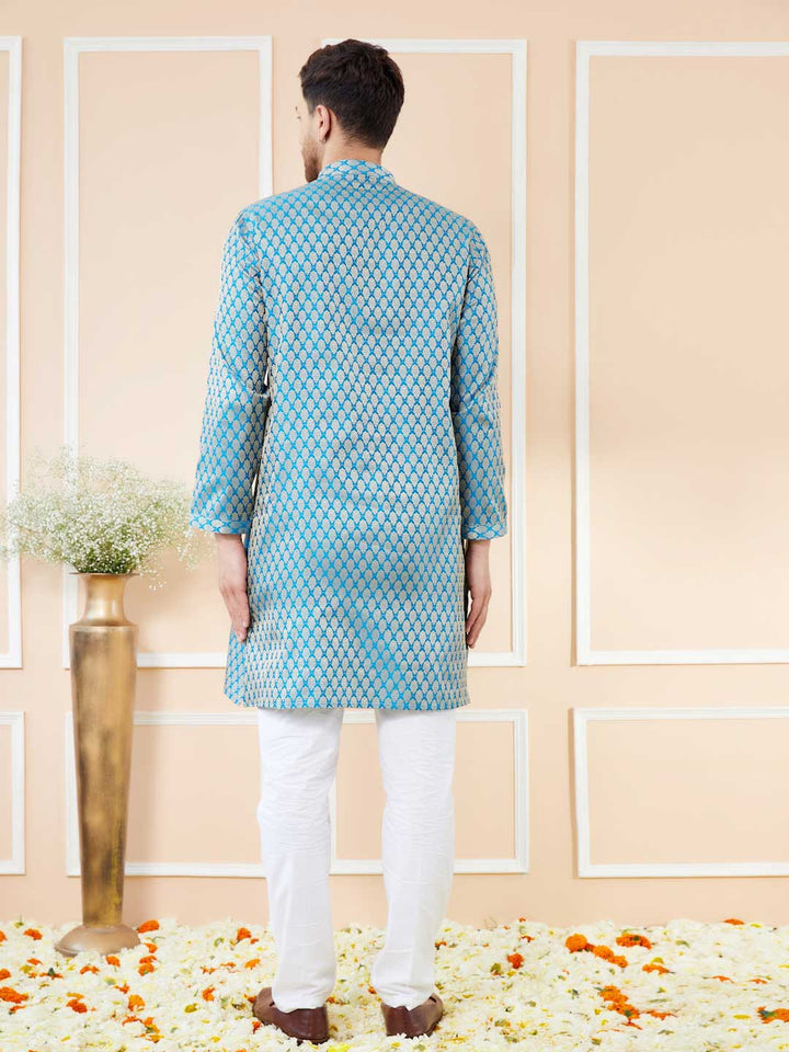 Blue Ethnic Motifs Silk Jacquard Woven Design Straight Kurta with Pyjama