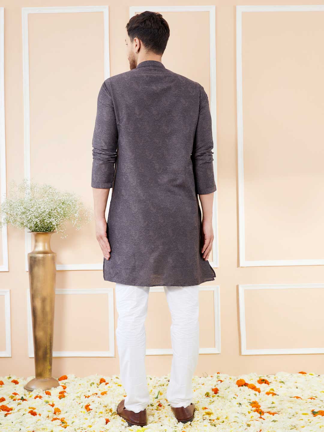 Black Ethnic Motifs Silk Floral Design Straight Kurta with Pyjama