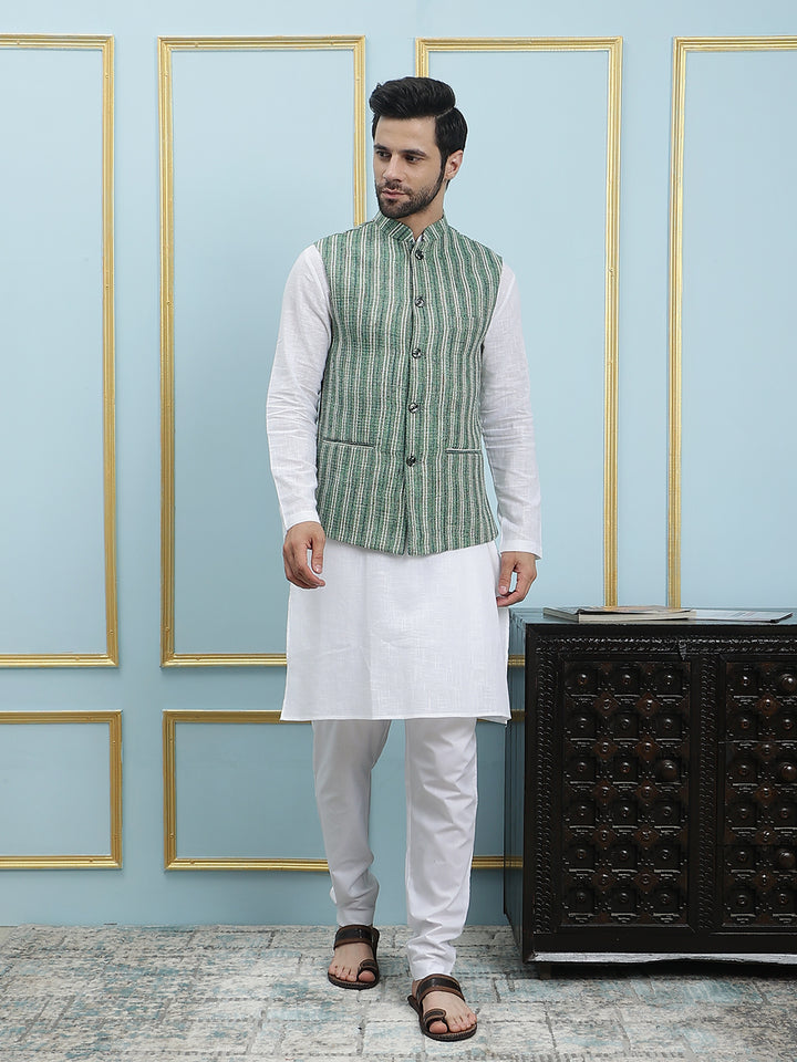 Pure Cotton Straight Kurta & Pyjama with Handwoven Pure Cotton Nehru Jacket