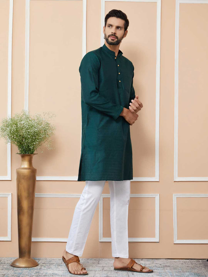 Dark Green Ethnic Motifs Silk Jacquard Woven Design Straight Kurta with Pyjama