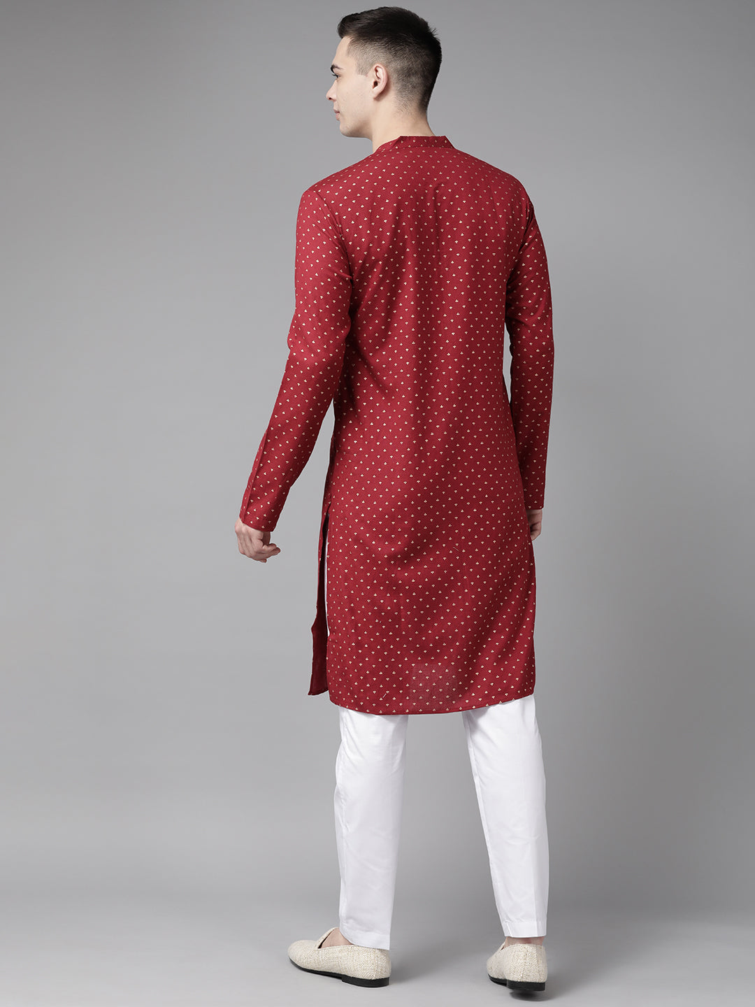 Men Maroon and Gold Printed Straight Kurta with Pyjama5