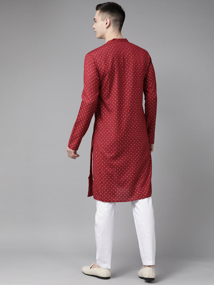 Men Maroon and Gold Printed Straight Kurta with Pyjama5