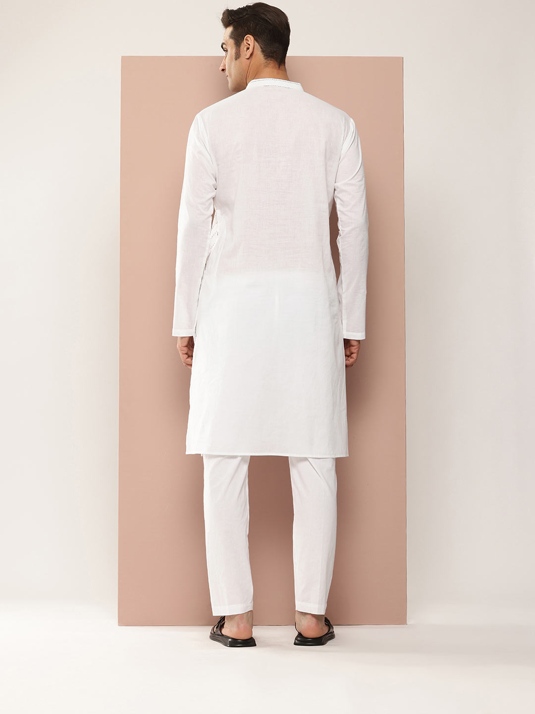 Men’s White Cotton Kurta with Thread Work, Paired with Pyjama