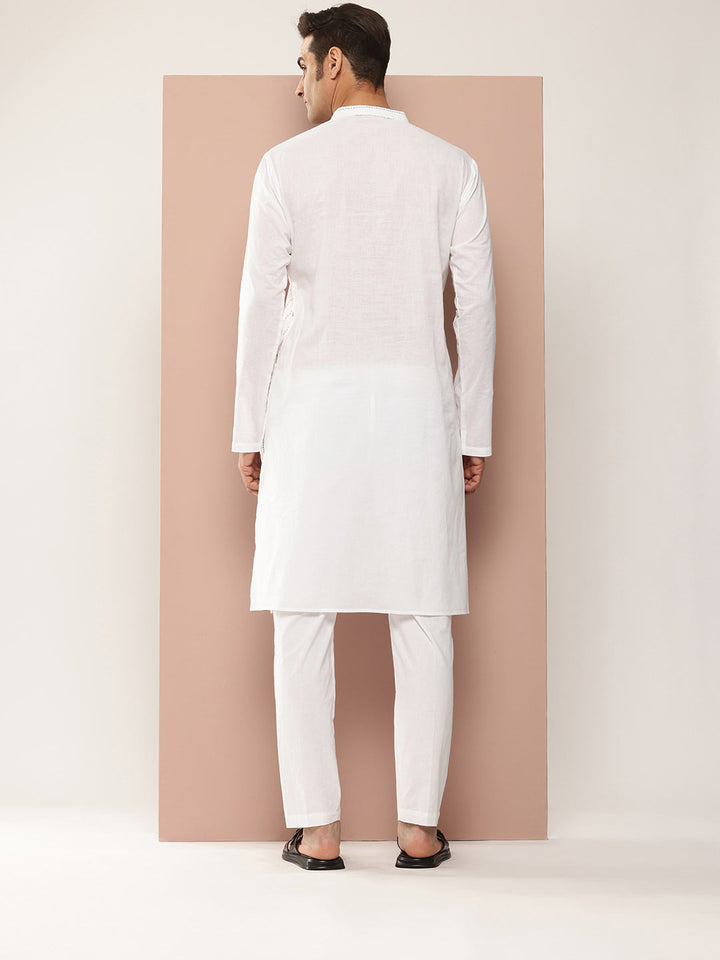 Men’s White Cotton Kurta with Thread Work, Paired with Pyjama