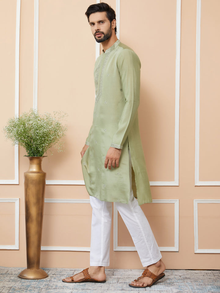 Olive Embroidered Chanderi Silk Straight Kurta
