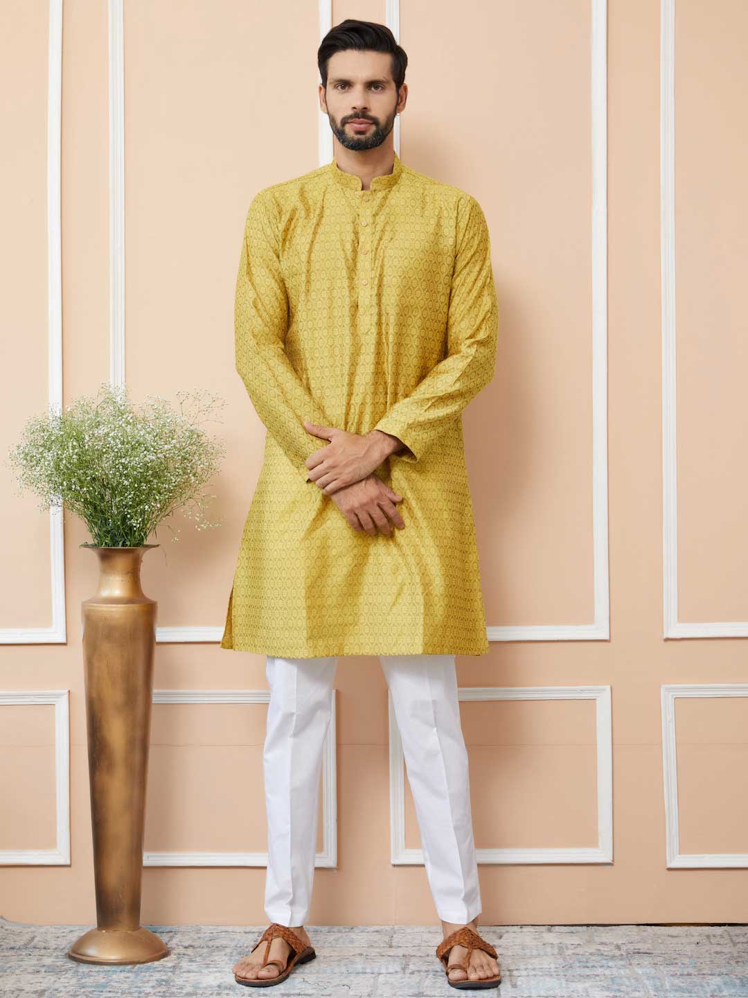 Yellow Ethnic Motifs Silk Jacquard Woven Design Straight Kurta with Pyjama