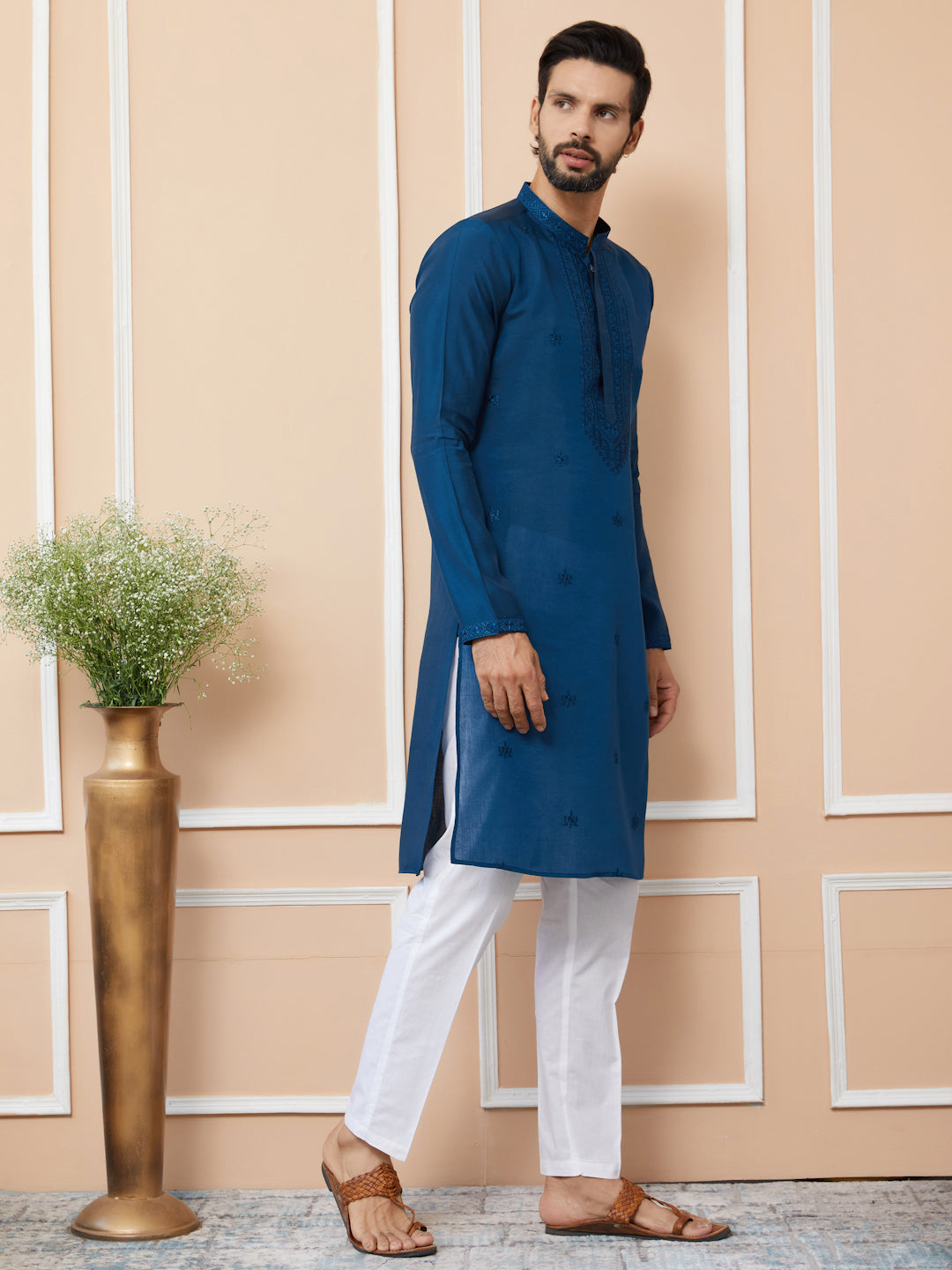 Navy Blue Embroidered Chanderi Silk Straight Kurta