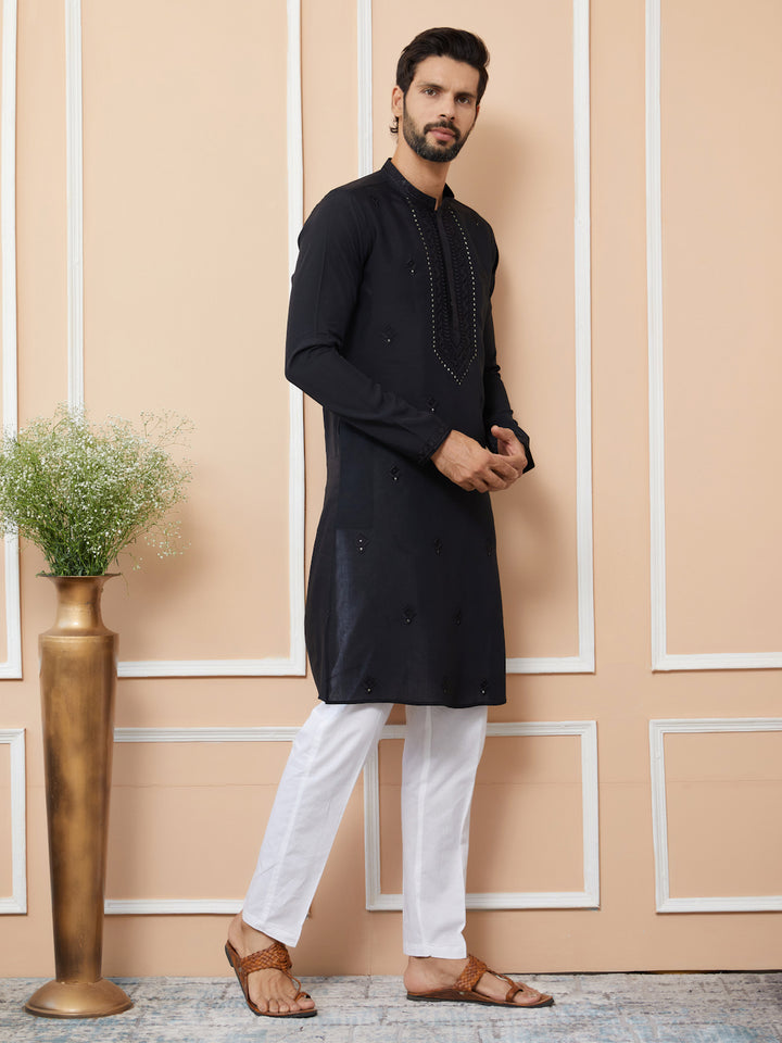 Black Embroidered Chanderi Silk Straight Kurta with Pyjama