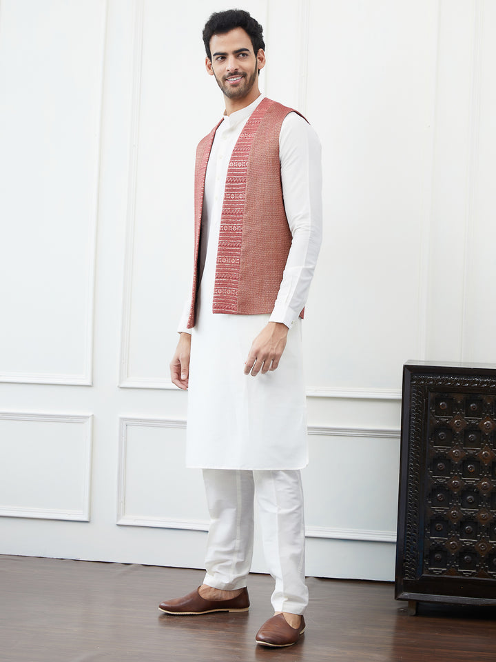 Pure Cotton Straight Kurta & Pyjama with Woven Jacquard Nehru Jacket