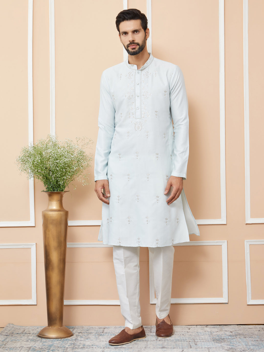 Light Blue Embroidered Zara Silk Straight Kurta