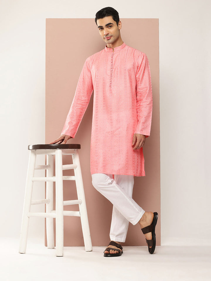 Men’s Pink Chanderi Silk Kurta with Embroidery and Sequins, Paired with Pyjama