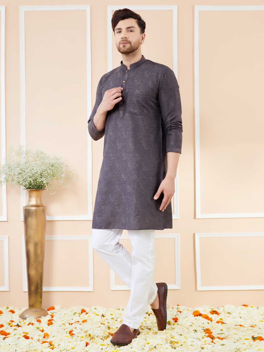 Black Ethnic Motifs Silk Floral Design Straight Kurta with Pyjama