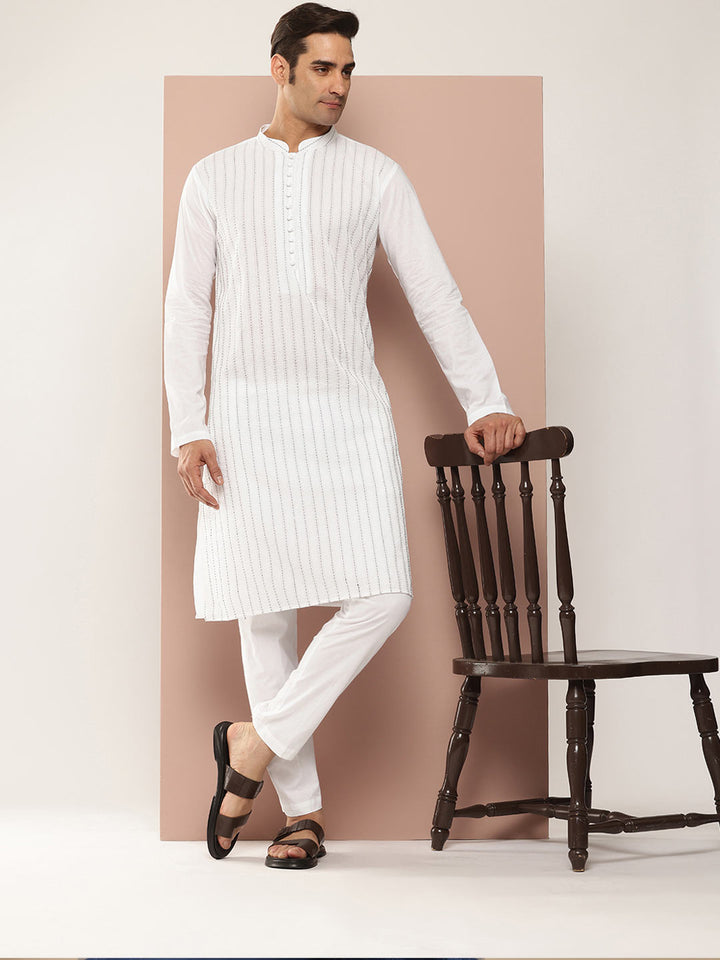 Men’s White Cotton Kurta with Thread Work, Paired with Pyjama