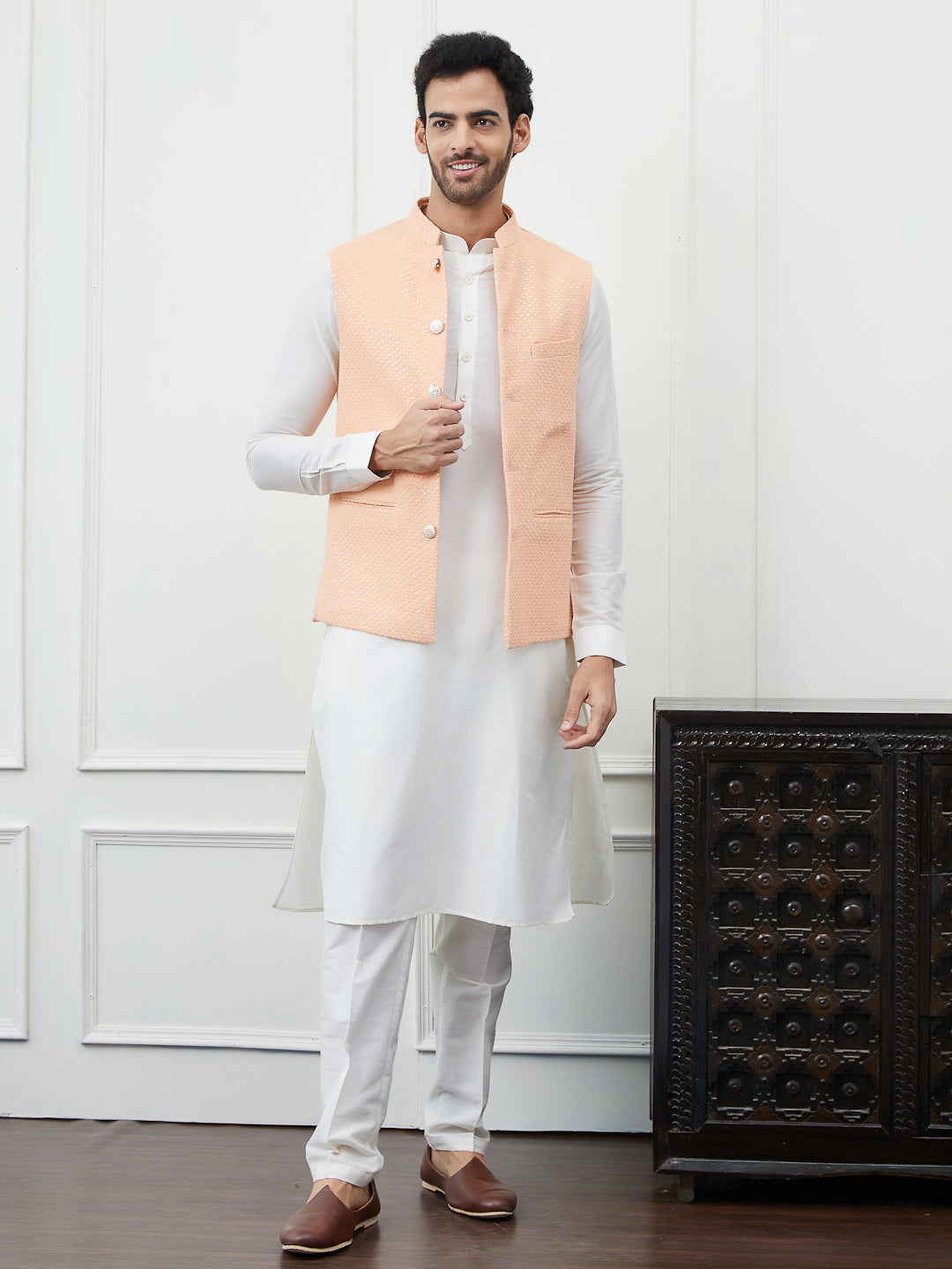 Pure Cotton Straight Kurta & Pyjama with Sequins Embroidered Nehru Jacket