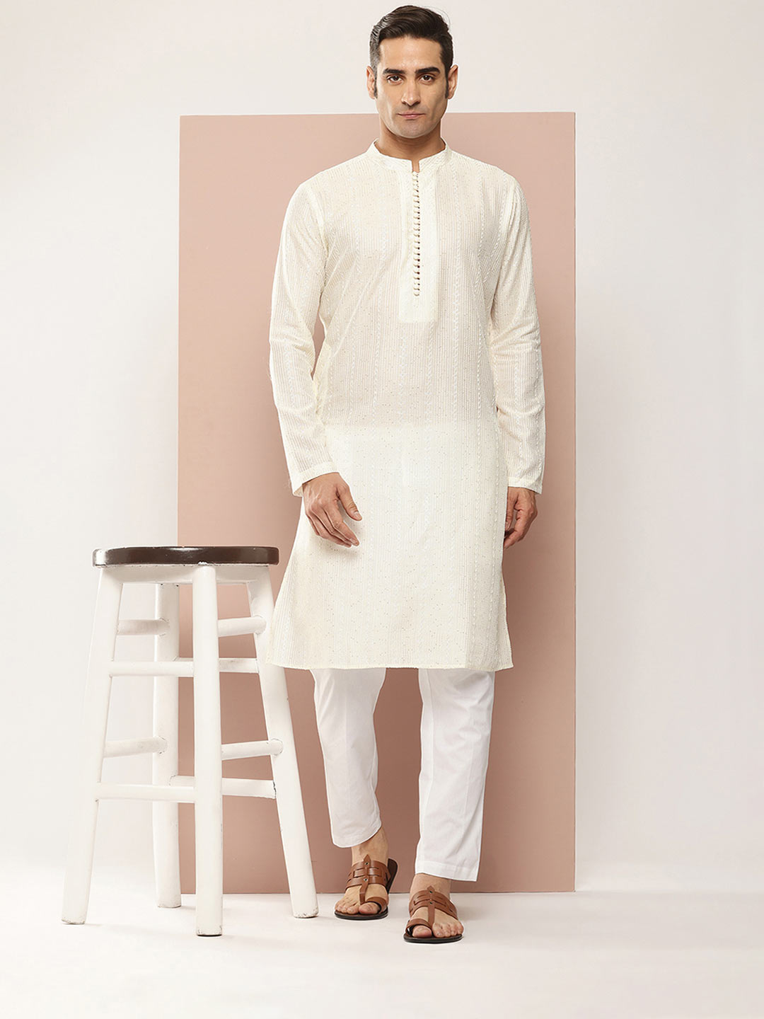 Men’s Off White Chanderi Silk Kurta with Embroidery and Sequins, Paired with Pyjama
