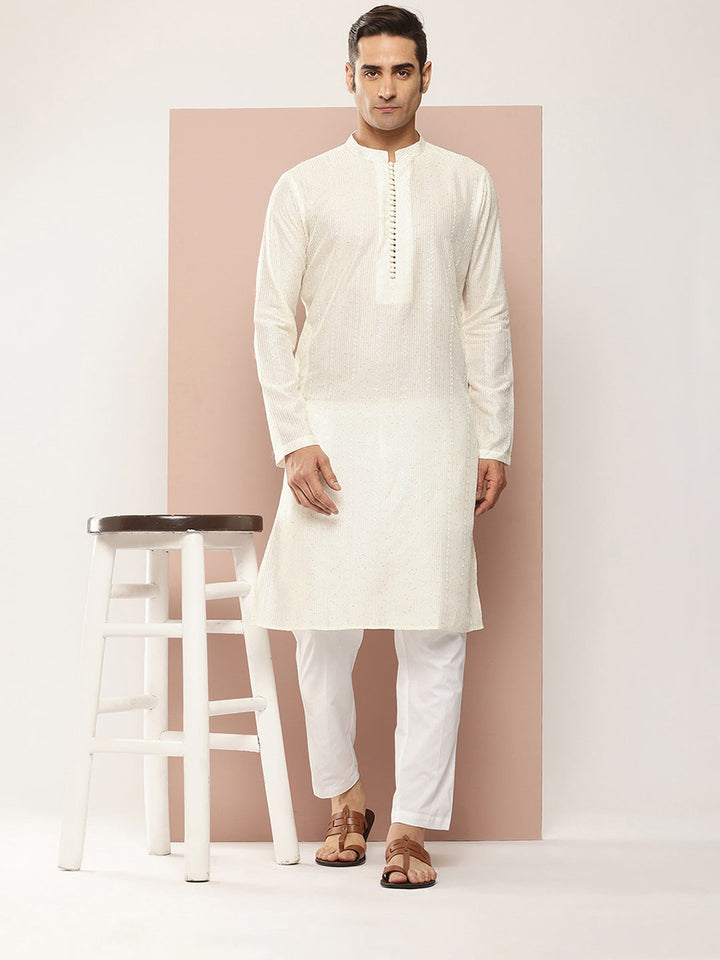 Men’s Off White Chanderi Silk Kurta with Embroidery and Sequins, Paired with Pyjama