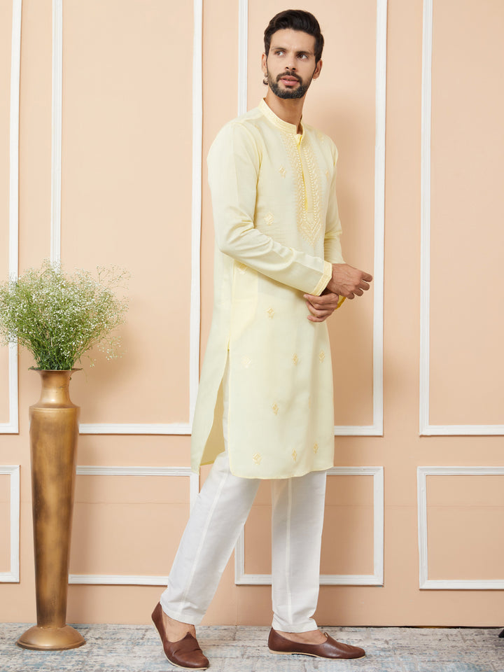 Yellow Embroidered Chanderi Silk Straight Kurta with Pyjama