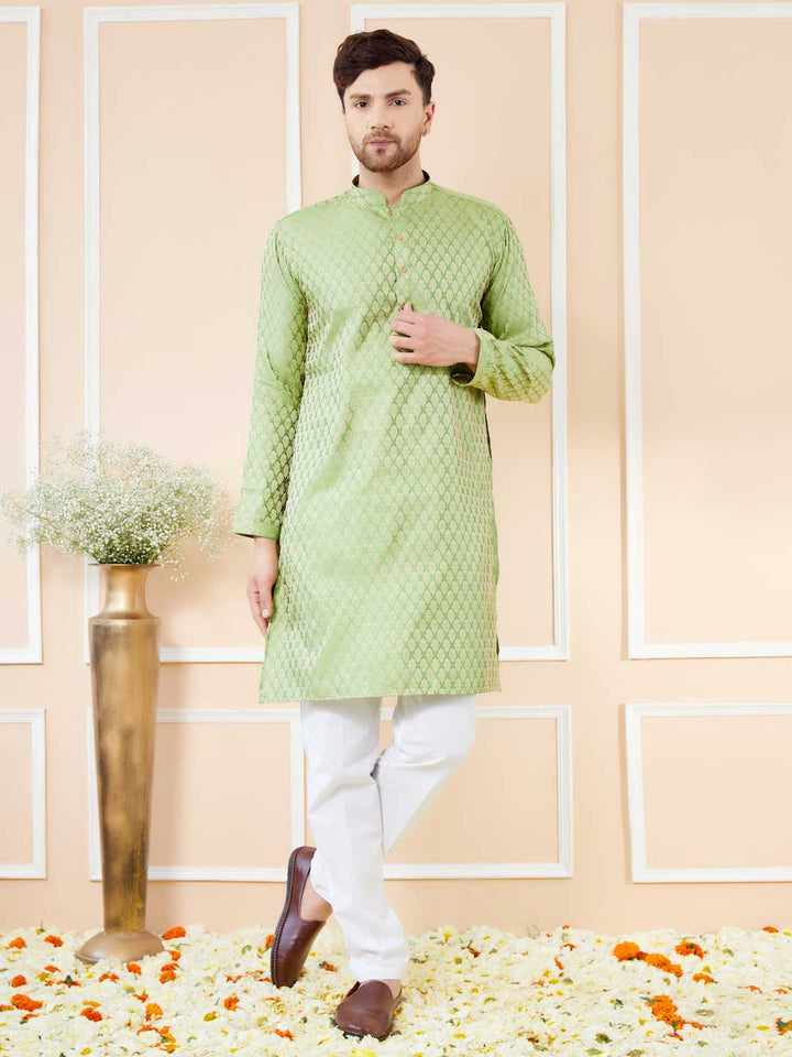 Green Ethnic Motifs Silk Jacquard Woven Design Straight Kurta with Pyjama
