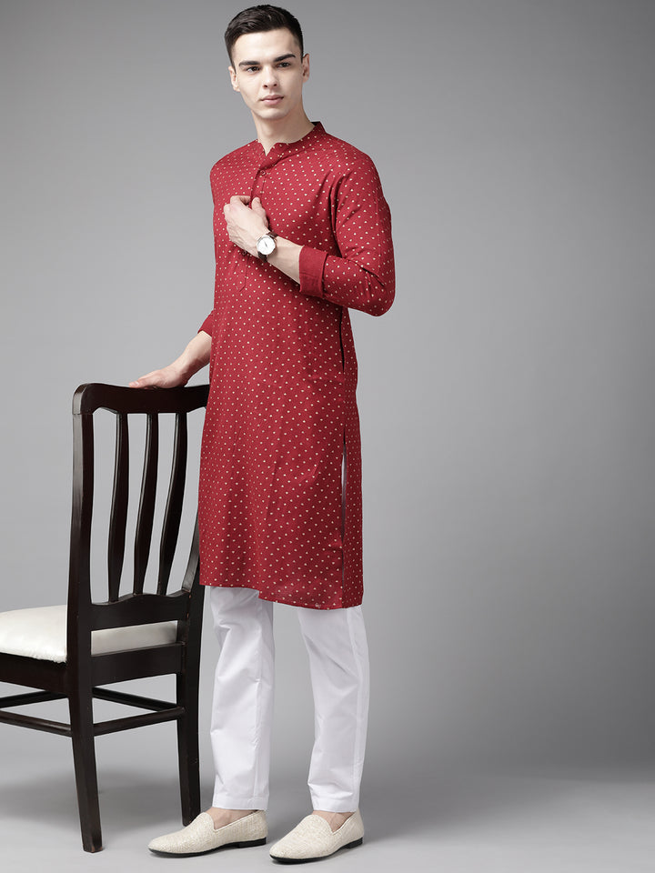 Men Maroon and Gold Printed Straight Kurta with Pyjama6