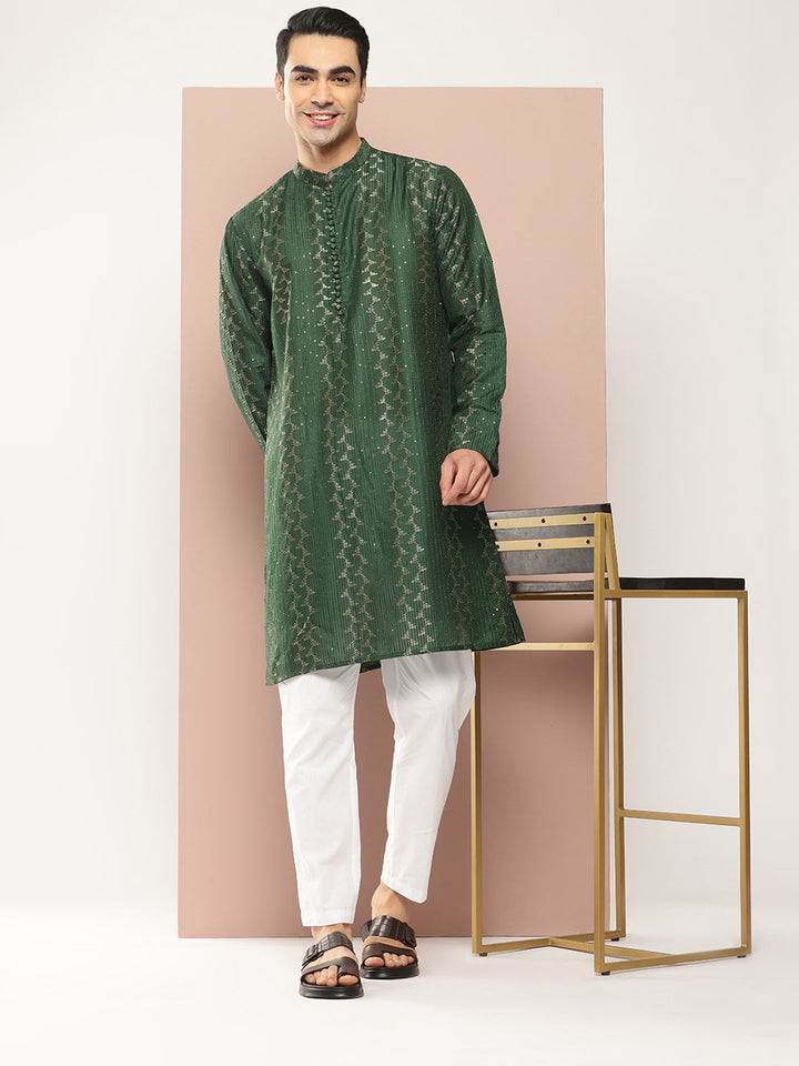 Men’s Green Chanderi Silk Kurta with Embroidery and Sequins, Paired with Pyjama