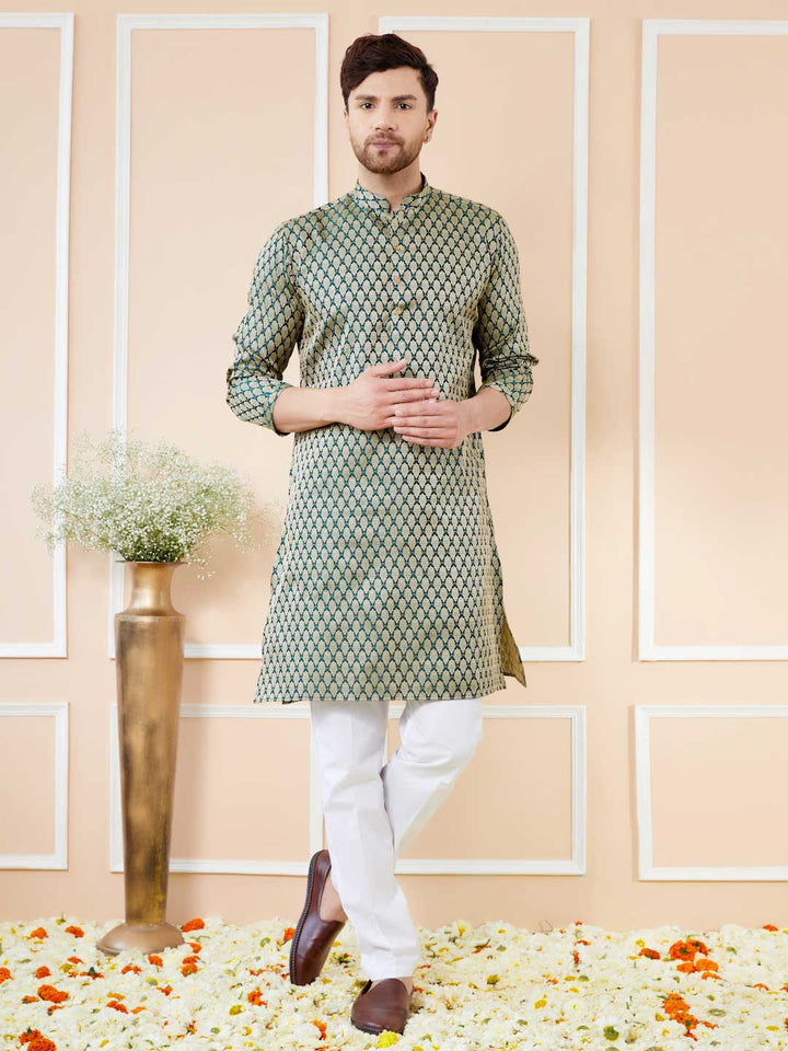 Green Ethnic Motifs Silk Jacquard Woven Design Straight Kurta with Pyjama
