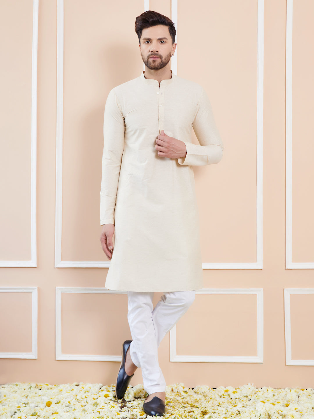 Ivory Cotton Solid Straight Kurta with Pyjama