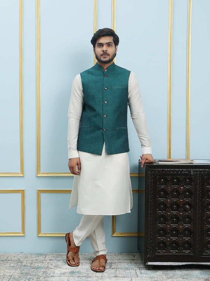 Pure Silk Straight Kurta & Pyjama Set with Handwoven Silk Nehru Jacket
