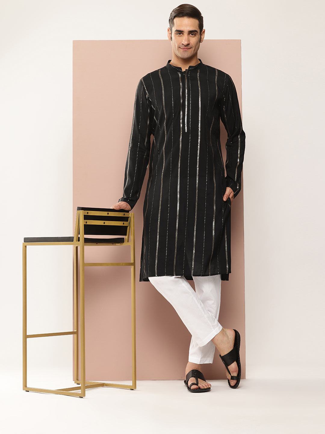 Men’s Black Chanderi Silk Kurta with Embroidery and Sequins, Paired with Pyjama