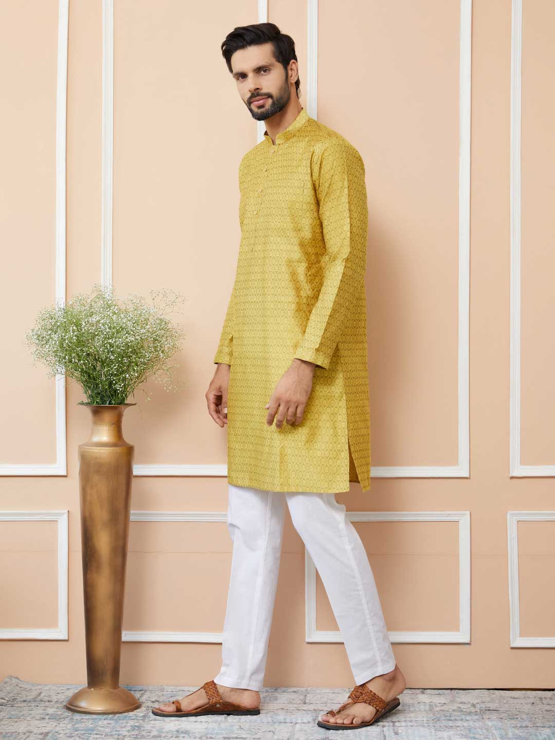 Yellow Ethnic Motifs Silk Jacquard Woven Design Straight Kurta with Pyjama