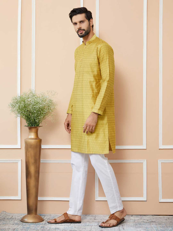 Yellow Ethnic Motifs Silk Jacquard Woven Design Straight Kurta with Pyjama
