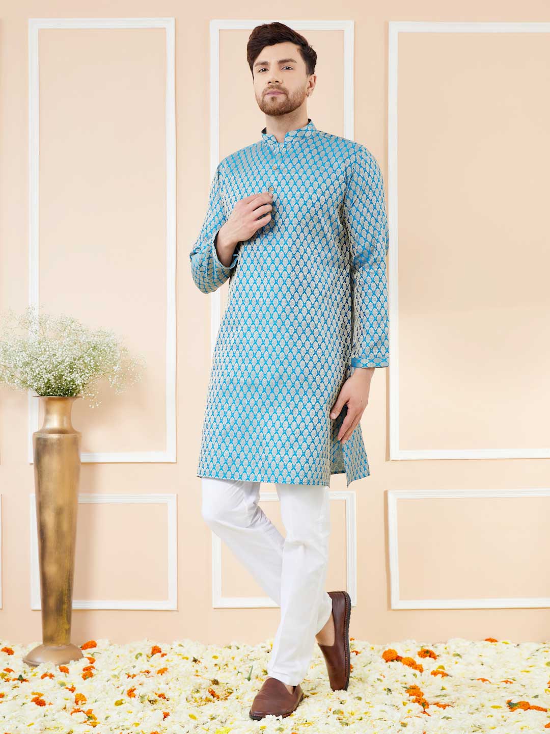 Blue Ethnic Motifs Silk Jacquard Woven Design Straight Kurta with Pyjama