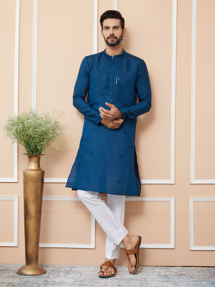 Navy Blue Embroidered Chanderi Silk Straight Kurta