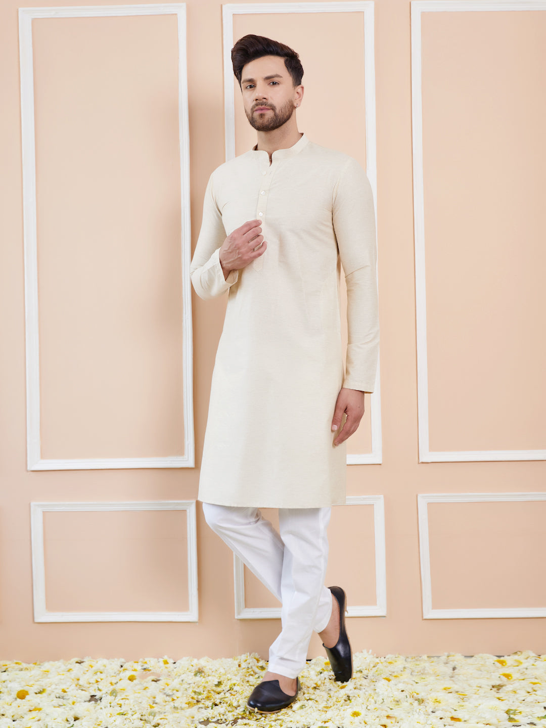 Ivory Cotton Solid Straight Kurta with Pyjama
