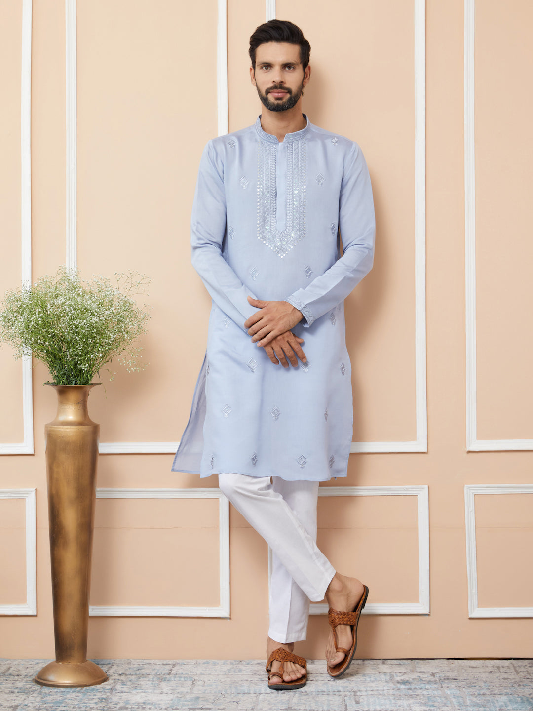 Pastel Blue Embroidered Chanderi Silk Straight Kurta with Pyjama